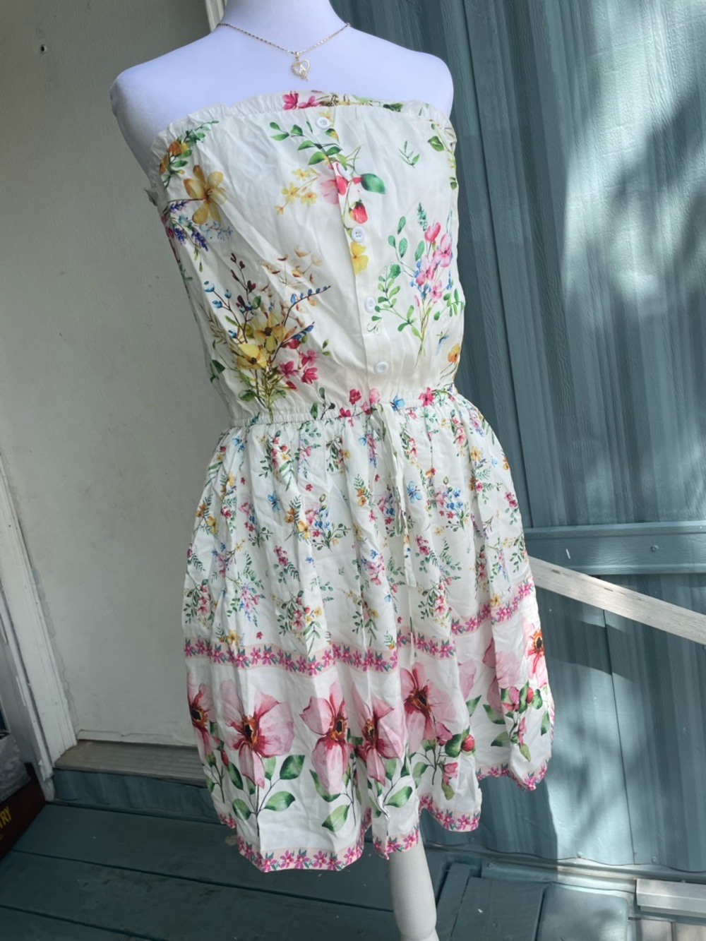 Cupshe White Floral Strapless Dress with Pink & Green